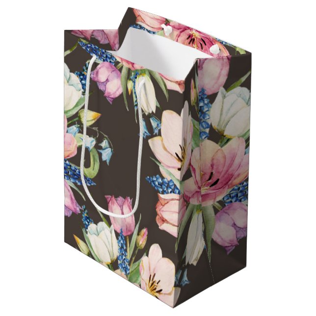 Pink Flowers on Brown Medium Gift Bag (Front Angled)