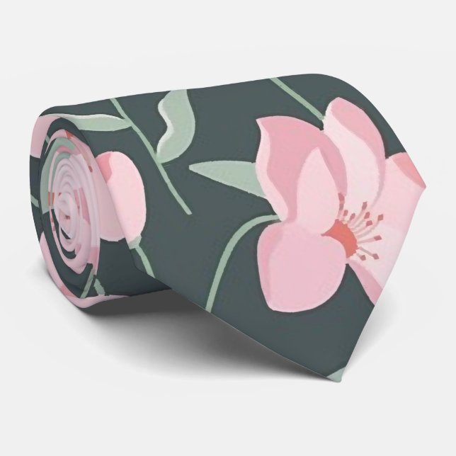 Pink flowers on dark green seamless pattern  tie (Rolled)
