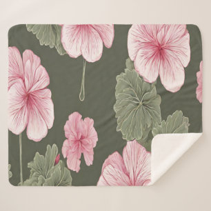 Pink flowers on green background sherpa blanket