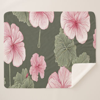 Pink flowers on green background sherpa blanket
