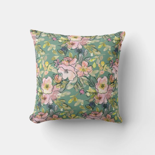 Pink Flowers on Green Cushion (Front)
