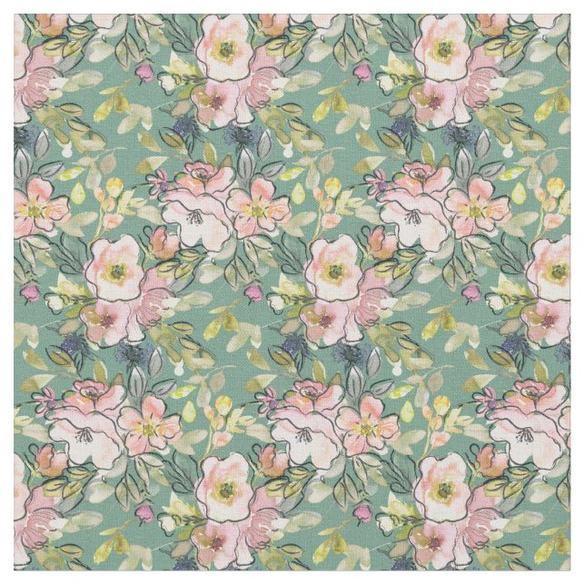 Pink Flowers on Green Fabric (Close Up)