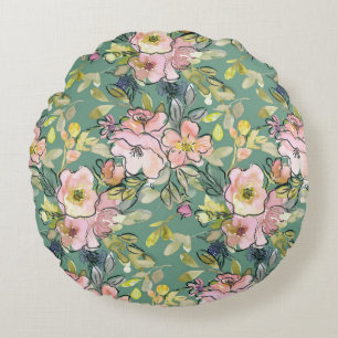 Pink Flowers on Green Round Cushion