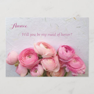 Pink flowers on handmade paper maid of honour invitation