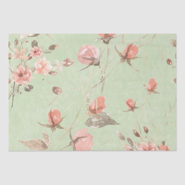 Pink Flowers On Light Sage Green Background  Tissue Paper (Front)