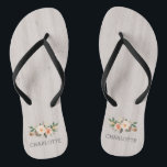 Pink Flowers on Light Weathered Wood Flip Flops<br><div class="desc">These flip flops are adorned with floral pink and feather bouquets that complement the watercolor wood background. These match the wedding totes in the collection and are perfect for a bridal party as well as for anyone who is looking for bohemian chic flip flops. Personalise with a name for a...</div>