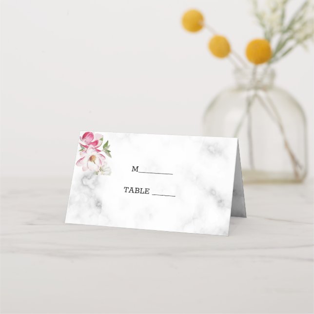 Pink Flowers On Marble Place Card (Front)
