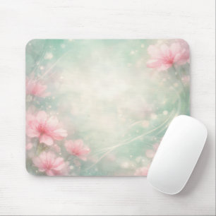 Pink Flowers On Mint Green Ethereal Abstract Mouse Mat