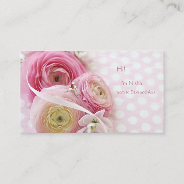 Pink flowers on polka dots calling card (Front)
