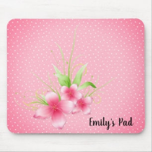 Pink Flowers on Polka Dots Mouse Mat