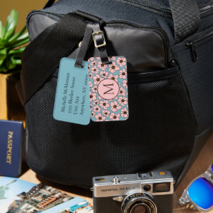 Pink Flowers On Teal Blue  Luggage Tag