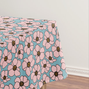 Pink Flowers On Teal Blue Tablecloth