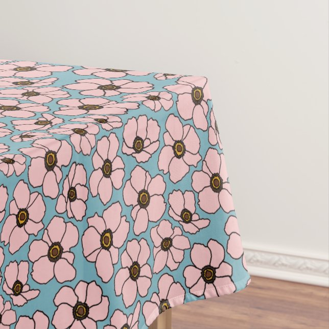 Pink Flowers On Teal Blue  Tablecloth (In Situ)