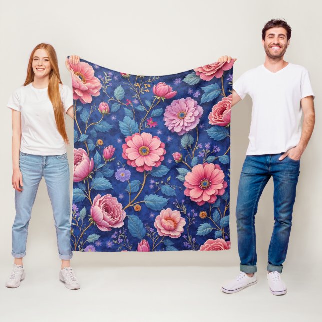 Pink Flowers on Vibrant Blue Fleece Blanket (In Situ)