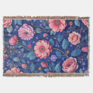 Pink flowers on vibrant blue pattern throw blanket