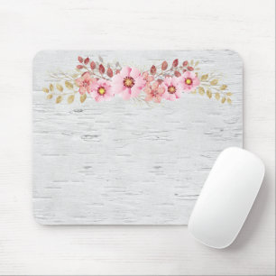 Pink Flowers On White Birch Mouse Mat