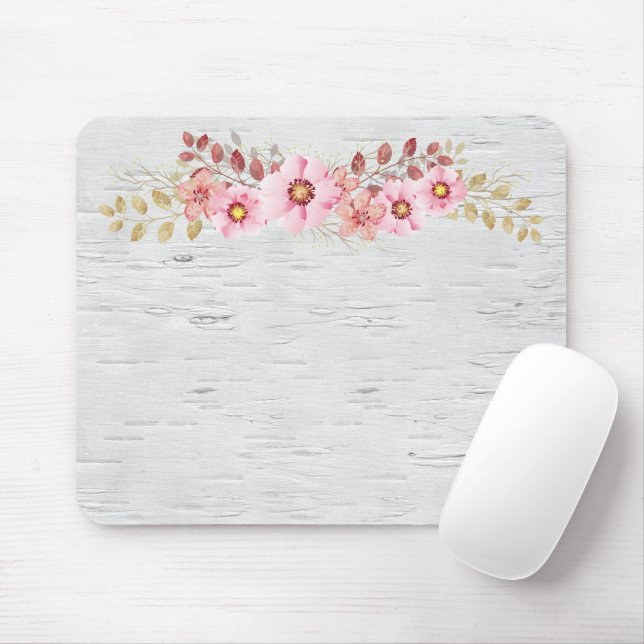 Pink Flowers On White Birch  Mouse Mat (With Mouse)