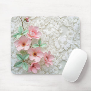 Pink Flowers On White Bridal Lace Mouse Mat