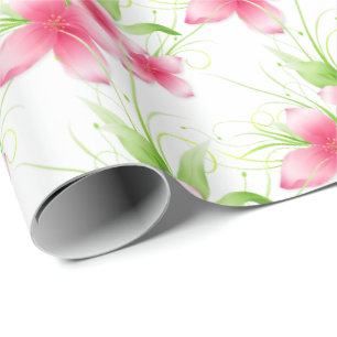 Pink Flowers on White Wrapping Paper