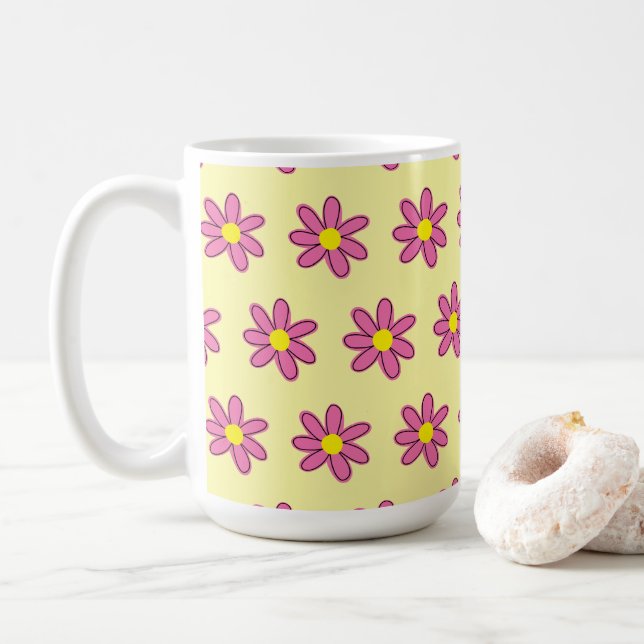 Pink Flowers on Yellow Coffee Mug (With Donut)