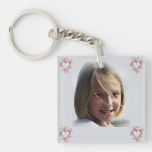 Pink Flowers Open Heart Photo Key Ring