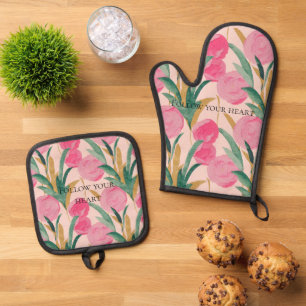 Pink Flowers Oven Mitt & Pot Holder Set