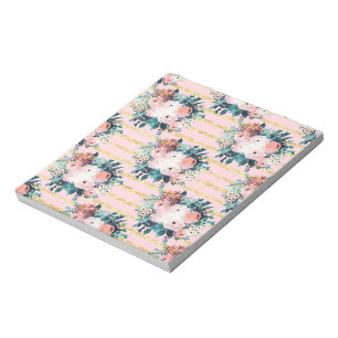 Pink Flowers Paint Gold Stripes Girly Design Notepad