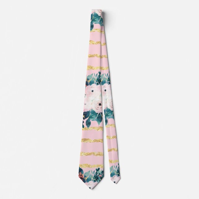 Pink Flowers Paint Gold Stripes Girly Design Tie (Front)