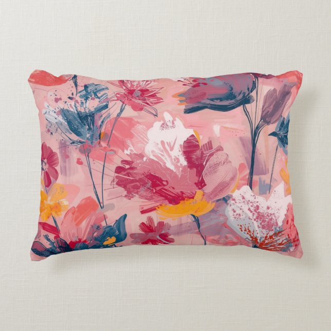 Pink Flowers Painted Brushtrokes Botanical Pattern Decorative Cushion (Front)