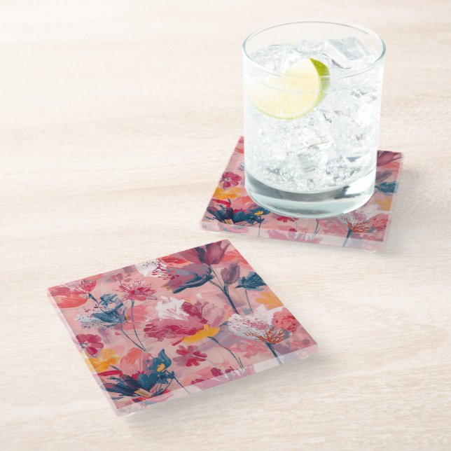 Pink Flowers Painted Brushtrokes Botanical Pattern Glass Coaster (Angled)
