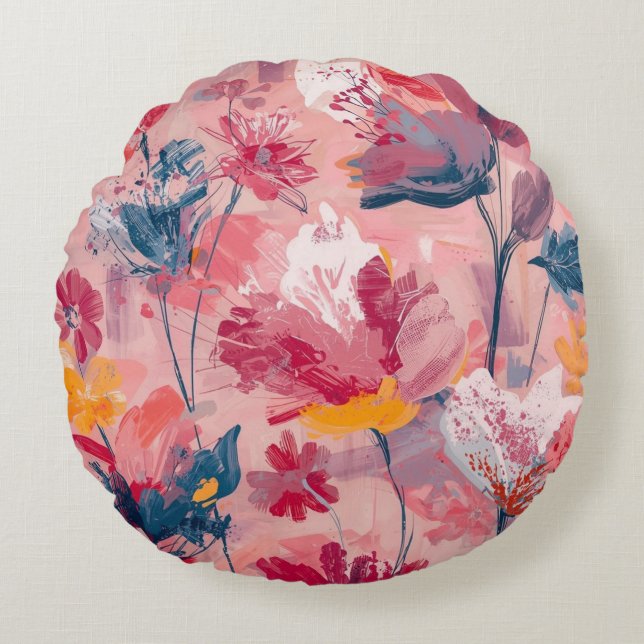 Pink Flowers Painted Brushtrokes Botanical Pattern Round Cushion (Front)