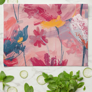 Pink Flowers Painted Brushtrokes Botanical Pattern Tea Towel