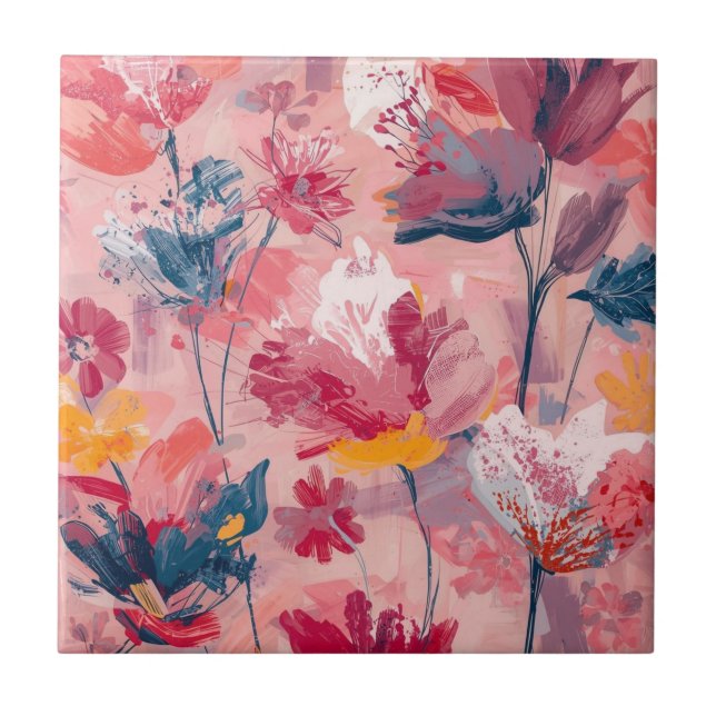 Pink Flowers Painted Brushtrokes Botanical Pattern Tile (Front)