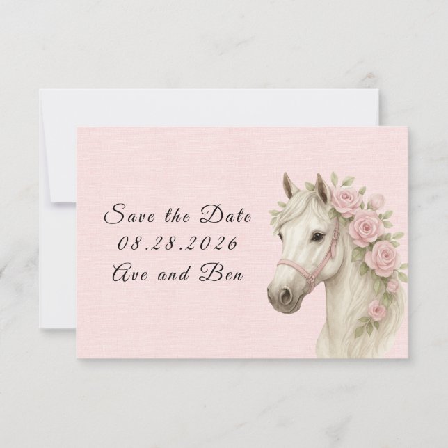 Pink Flowers Painted Horse Wedding Save the Date (Front)