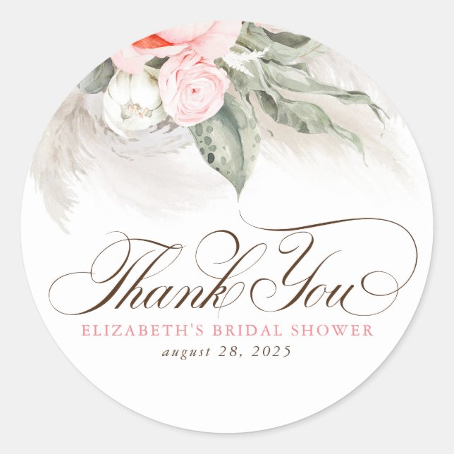 Pink Flowers Pampas Grass Boho Thank You Classic Round Sticker (Front)