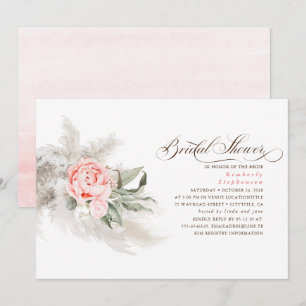 Pink Flowers Pampas Grass Elegant Bridal Shower Invitation