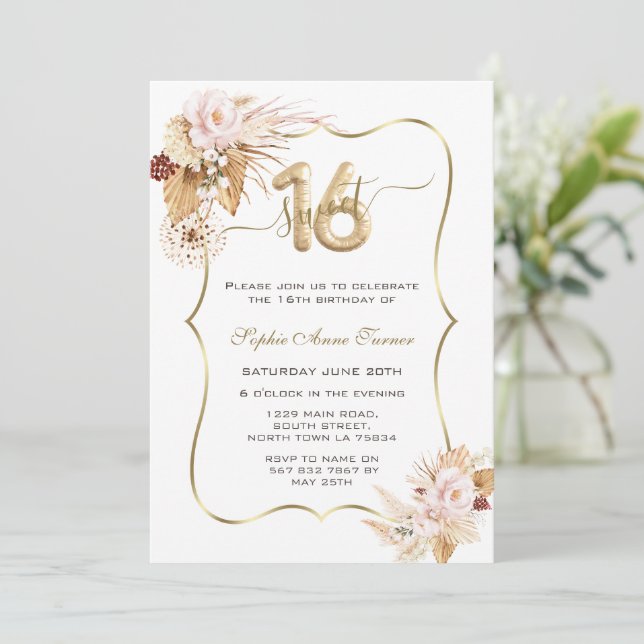 Pink Flowers Pampas Grass Sweet 16 Celebration Invitation (Standing Front)