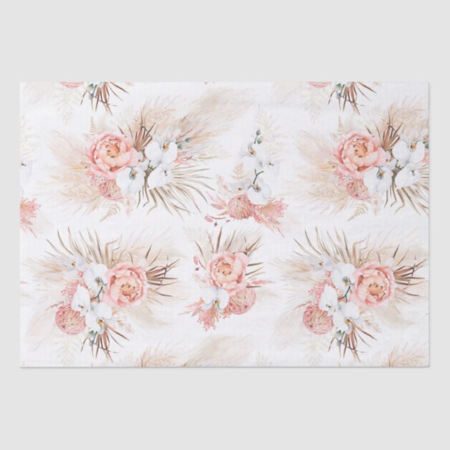 Pink Flowers Pampas Grass Tropical Bohemian Tissue Paper (Front)