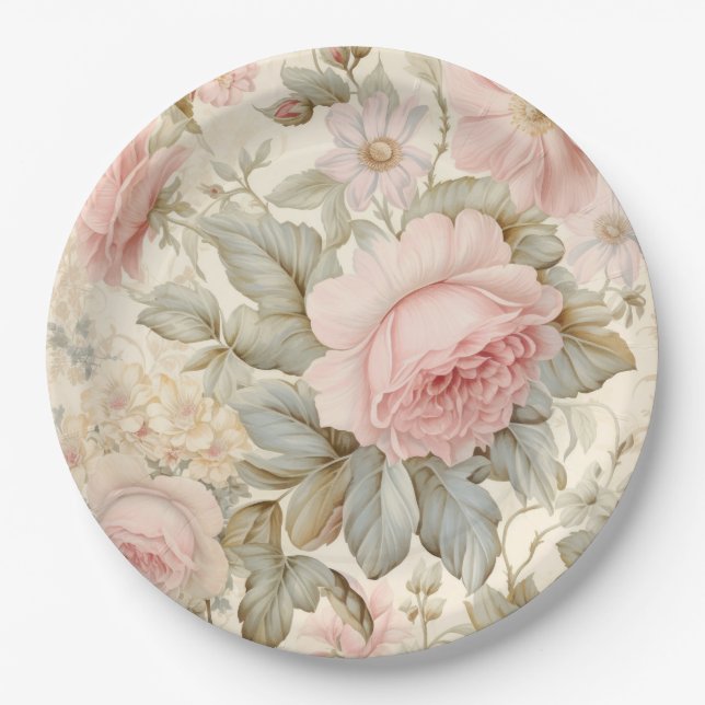 Pink Flowers Paper Plate (Front)