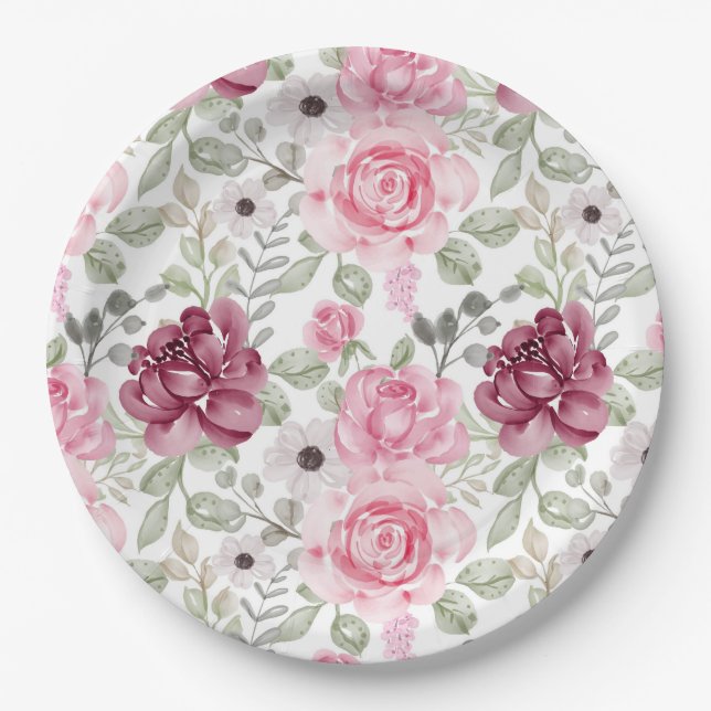 Pink Flowers Paper Plate (Front)