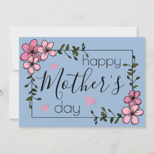 pink flowers Pastel blue Cerulean mother's day Card