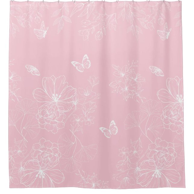 Pink Flowers Pattern, Floral, Pattern, Minimalist Shower Curtain (Front)