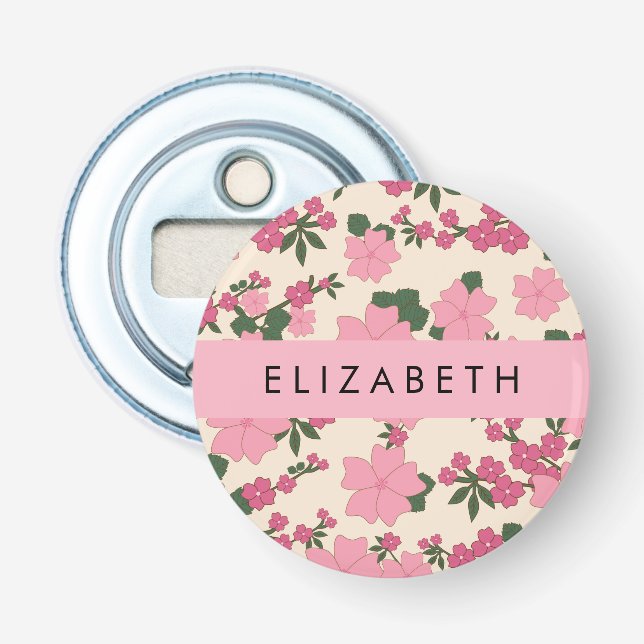 Pink Flowers, Pattern Of Flowers, Your Name Bottle Opener (Front)