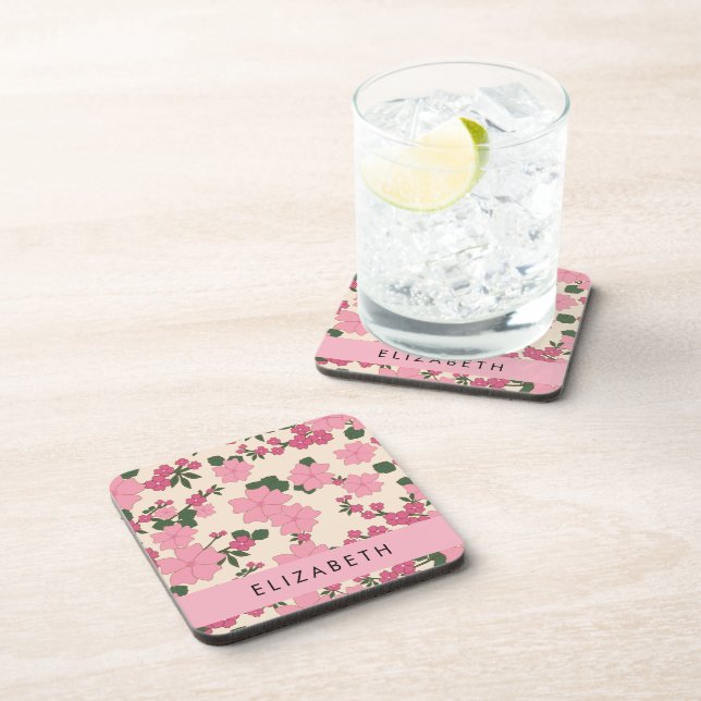 Pink Flowers, Pattern Of Flowers, Your Name Coaster (Right Side)