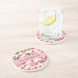 Pink Flowers, Pattern Of Flowers, Your Name Coaster