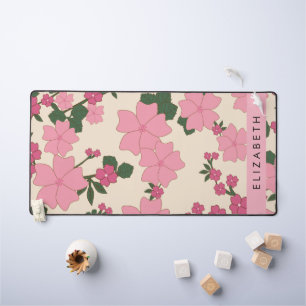 Pink Flowers, Pattern Of Flowers, Your Name Desk Mat