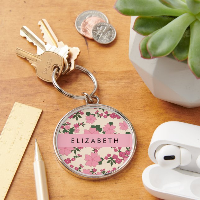 Pink Flowers, Pattern Of Flowers, Your Name Key Ring (Desk)