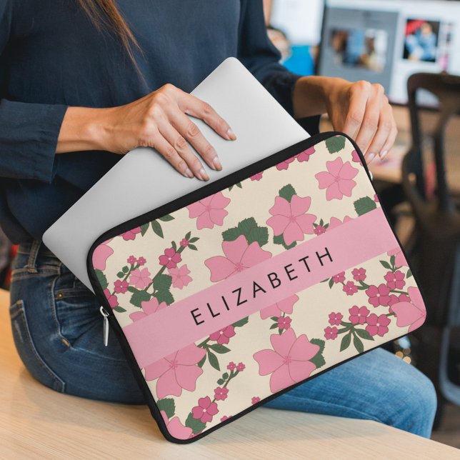 Pink Flowers, Pattern Of Flowers, Your Name Laptop Sleeve (Creator Uploaded)