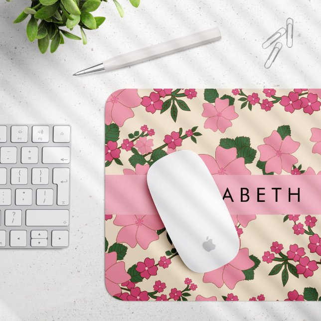 Pink Flowers, Pattern Of Flowers, Your Name Mouse Mat (Creator Uploaded)