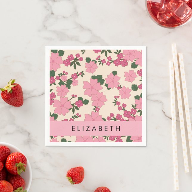 Pink Flowers, Pattern Of Flowers, Your Name Napkin (Insitu)